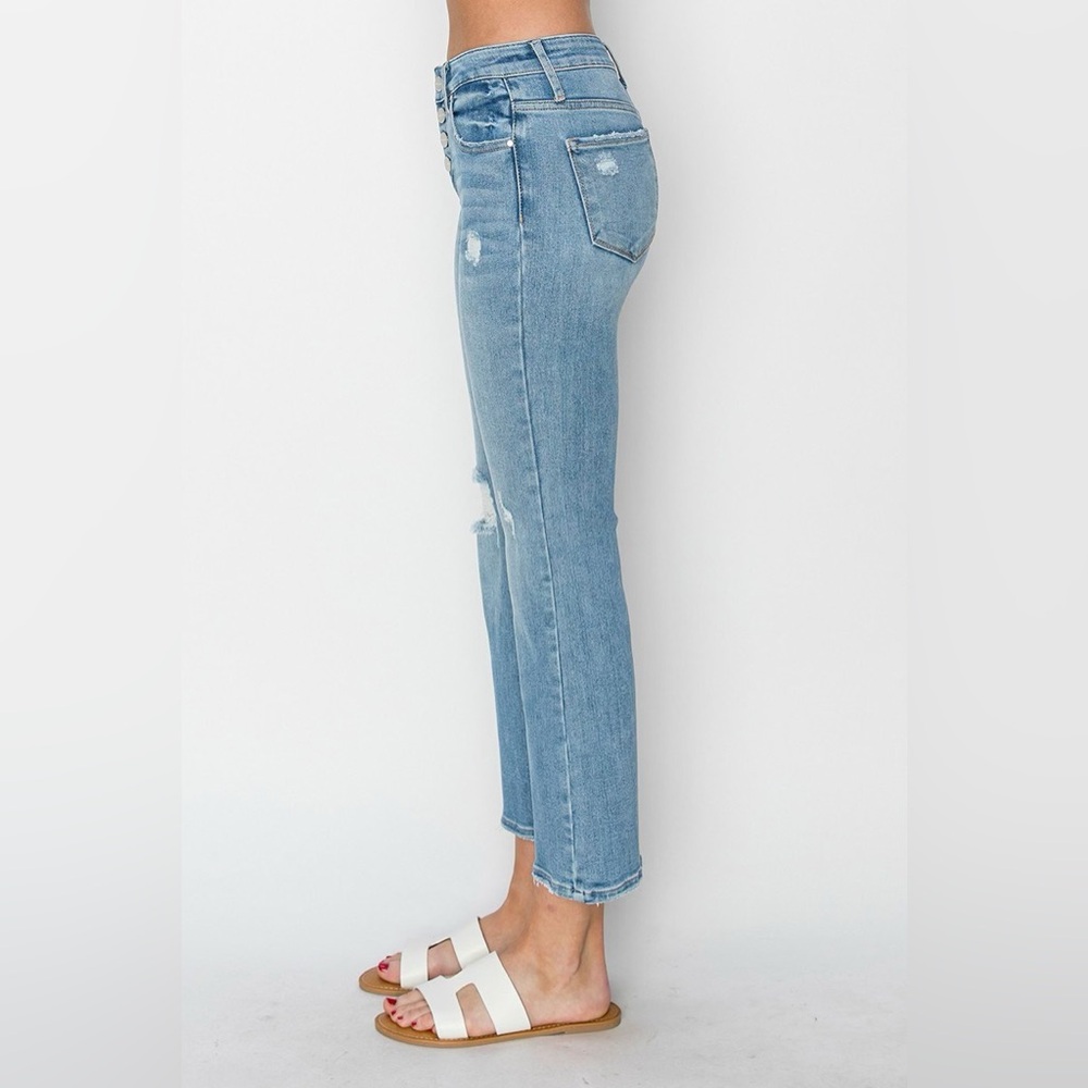 Risen High-Rise Distressed Crop Flare Jeans - Light Blue - Picture 3 of 6